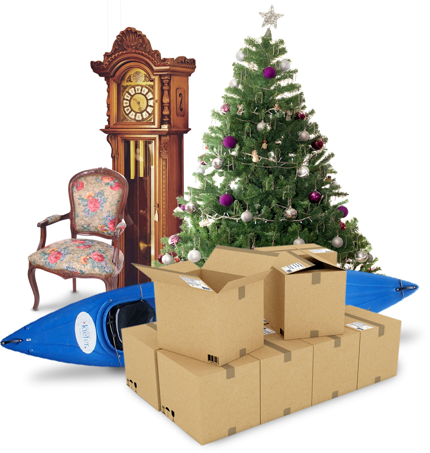Mini Storage: Clock, Chair, Kayak, Christmas Tree, and Boxes